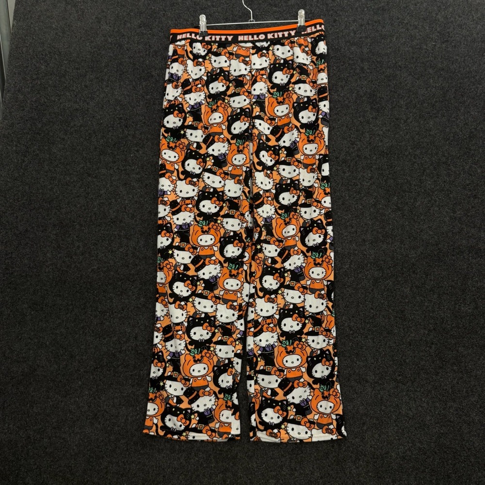 Hello Kitty Halloween Pajama Pants Sanrio Fleece Sleepwear Orange Black Medium